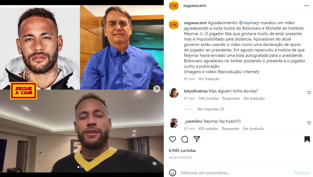 Publicação sobre agradecimento de Neymar para Jair Bolsonaro (Foto: Reprodução Instagram)